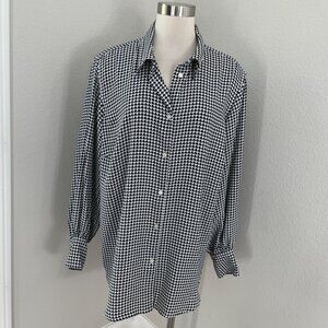 Chaps Womens Plus 1X Black White Houndstooth Button Up Shirt Long Sleeve‎ Blouse